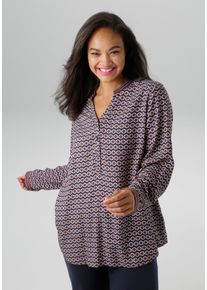 Schlupfbluse ANISTON PLUS, Damen, Gr. 44, blau (marine, braun, beige), Web, Obermaterial: 100% Viskose, bedruckt, gemustert, l&auml;ssig geschnitten Po-bedeckend, V-Ausschnitt, 1-Knopf-Manschette, Blusen Schlupfbluse, extravaganter, graphischer Druck