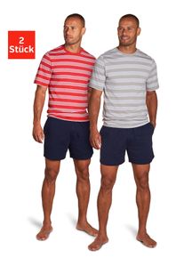 Pyjama AUTHENTIC LE JOGGER, Damen, Gr. 44/46 (S), rot (rot, grau), Jersey, Obermaterial: 100% Baumwolle, gestreift, unifarben, Basic, bequem kurz, Rundhals, abgesteppte Kante, Homewear-Sets Pyjama, Schlafanzug mit gestreiften Oberteilen