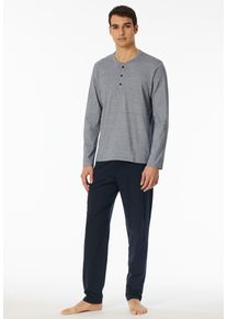 Schlafanzug Schiesser "Casual Essentials", Herren, Gr. 56, blau (804, nachtblau), Single Jersey, Obermaterial: 100% Baumwolle, unifarben, bequem lang, Rundhals, Homewear-Sets Schlafanzug, mit feinen, gestrickten Ringeln, Knopfleiste, lang&auml;rmelig