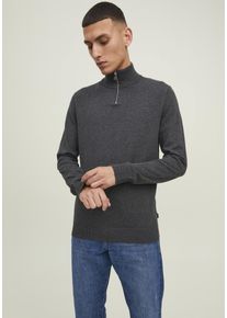 Jack & Jones Strickpullover JACK & JONES "EMIL KNIT HALF ZIP", Herren, Gr. L, grau (dunkelgrau meliert), Feinstrick, Obermaterial: 60% Baumwolle, 20% Nylon, 20% Viskose, schmal h&uuml;ftlang, Rundhals, Pullover Strickpullover, mit kurzem Rei&szlig;verschluss im Troyer-Look