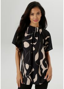 Kurzarmbluse Aniston SELECTED, Damen, Gr. 50, schwarz (schwarz, beige), Cr&ecirc;pe, Obermaterial: 95% Polyester, 5% Elasthan, bedruckt, gemustert, weit h&uuml;ftbedeckend, Blusen Kurzarmbluse, in extra weiter Form, Topseller