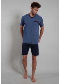 G&ouml;tzburg Shorty G&Ouml;TZBURG "Manhattan", Herren, Gr. 52L, blau (blau, dunkel, uni), Single Jersey, Obermaterial: 100% Baumwolle, bedruckt, gemustert, bequem kniefrei, V-Ausschnitt, Homewear-Sets Shorty, Kurzarm, V-Ausschnitt, kurze Hose, Baumwolle, weich