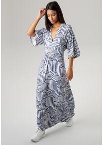 Sommerkleid Aniston SELECTED, Damen, Gr. 42, N-Gr, blau (jeansblau, wei&szlig;), Single Jersey, Obermaterial: 95% Viskose, 5% Elasthan, bedruckt, gemustert, l&auml;ssig geschnitten lang, V-Ausschnitt, weit, Kleider Sommerkleid, mit grafischem Druck in Jeansfarbe, Topseller