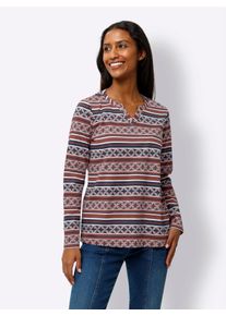 Langarmshirt Heine "Druck-Shirt", Damen, Gr. 46, bunt (marine, rotbraun, bedruckt), 100% Baumwolle, bedruckt, gemustert, gestreift, mehrfarbig, Rundhals, Shirts Langarmshirt