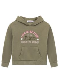 Hoodie Zwillingsherz "Dog Life", M&auml;dchen, Gr. 122/128, khaki, Sweatware, Obermaterial: 80% Polyester, 20% Baumwolle, Sweatshirts Hoodie, Mini-Me,mit gestickten Hunden und Slogan