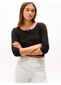 Langarmshirt Tommy Jeans "TJW SLIM SH IRREGULAR RIB LS", Damen, Gr. L (40), schwarz, Single Jersey, Obermaterial: 95% Baumwolle, 5% Elasthan, unifarben, figurbetont, Rundhals, Shirts Langarmshirt, in gerippter Struktur