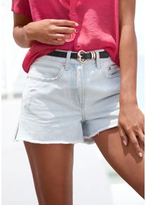 Jeansshorts Buffalo, Damen, Gr. 42, N-Gr, blau (blau washed), Denim/Jeans, Obermaterial: 100% Baumwolle, unifarben, figurumspielend kurz, Jeans Jeansshorts, mit Used-Effekten, Seitenschlitze, kurze Hose aus Baumwolle, Topseller