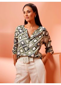 Langarmbluse Heine, Damen, Gr. 38, khaki, champagner, bedruckt, 100% Viskose, bedruckt, gemustert, mehrfarbig, Rundhals, Blusen Langarmbluse