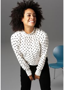 Schlupfbluse Aniston CASUAL, Damen, Gr. 46, schwarz-wei&szlig; (wollwei&szlig;, schwarz, gepunktet), Cr&ecirc;pe, Obermaterial: 100% Polyester, bedruckt, gepunktet, figurumspielend h&uuml;ftbedeckend, Smokb&uuml;ndchen, Blusen Schlupfbluse, Punkt f&uuml;r Punkt ein Hit