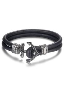 Armband Kingka "Anker", schwarz (edelstahlfarben, schwarz), Armb&auml;nder, Herren, 22cm, Edelstahl Leder, Edelstahl, Leder, Armband