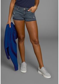 Jeansshorts Kangaroos, Damen, Gr. 36, N-Gr, blau (dunkelblau us), Obermaterial: 80% Baumwolle, 18% Polyester, 2% Elasthan, Destroyed-Effekte, Basic, figurbetont kurz, Jeans Jeansshorts, kurze Hose, mit Destroyed-Effekten, niedrige Leibh&ouml;he