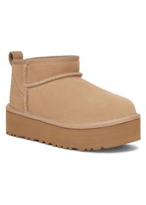 UGG Australia Schlupfboots UGG "KIDS' CLASSIC ULTRA MINI PLATFORM", M&auml;dchen, Gr. 13 (31), beige (sand), Veloursleder, Schuhe Schlupfboots, Plateaustiefel, Boots, Winterboots mit Plateau