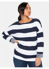 Langarmshirt sheego "Langarmshirt", Damen, Gr. 56/58, blau (marine), 100% Baumwolle, gemustert, gestreift, mehrfarbig, U-Boot-Ausschnitt, Shirts Langarmshirt