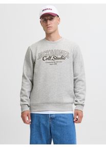 Jack & Jones Sweatshirt JACK & JONES "JJMAKOTO SWEAT CREW NECK", Herren, Gr. S, grau (light grau melange print:big print), angeraute Sweatware, Obermaterial: 80% Baumwolle, 20% Polyester, bedruckt, meliert, regular fit, Rundhals, Rippb&uuml;ndchen, Sweatshirts Sweatshirt