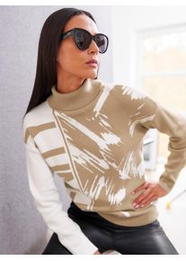 Jacquardpullover Heine "Rollkragenpullover", Damen, Gr. 50, beige (beige, ecru, gemustert), 80% Viskose, 20% Polyamid, gemustert, mehrfarbig, Pullover Jacquardpullover