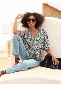 Kurzarmbluse Heine, Damen, Gr. 46, beige (schwarz, beige, bedruckt), 100% Viskose, bedruckt, gebl&uuml;mt, gemustert, mehrfarbig, Rundhals, Blusen Kurzarmbluse