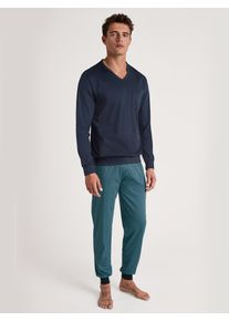 Schlafanzug Calida "Relax Streamline 1", Herren, Gr. M (50), blau (bright blau), Interlock, Obermaterial: 100% Baumwolle, lang, V-Ausschnitt, angesetztes B&uuml;ndchen, Homewear-Sets Schlafanzug, Kontrastverarbeitung an Kragen & Brusttasche