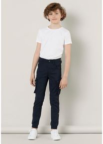 Cargohose name it "NKMRYAN &ndash; f&uuml;r Jungen mit verstellbarem Bund und Stretchkomfort", Jungen, Gr. 152, N-Gr, blau (schwarz sapphire), Twill, Obermaterial: 98% Baumwolle, 2% Elasthan, unifarben, regular fit kn&ouml;chellang, Hosen Cargohose, unifarben, casual, regular fit, Twill