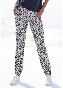 Schlafhose Lascana, Damen, Gr. 44/46, N-Gr, schwarz (ecru, nougat, schwarz), Single Jersey, Obermaterial: 50% Baumwolle, 50% Viskose, gemustert, bequem lang, Hosen Schlafhose, Uni oder mit tollem Animal-Print