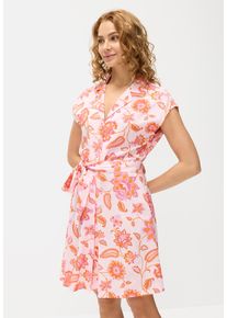 Hemdblusenkleid Lascana, Damen, Gr. 34, N-Gr, pink (pink, orange), Web, Obermaterial: 58% Viskose, 28% Baumwolle, 14% Leinen, bedruckt, figurumspielend kurz, tiefer V-Ausschnitt, Kleider Hemdblusenkleid, aus Leinenmix, mit Reverskragen, Alloverprint