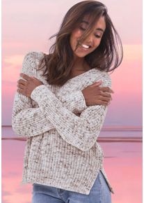 V-Ausschnitt-Pullover Buffalo, Damen, Gr. 44/46, braun, creme, Strick, Obermaterial: 100% Polyester, meliert, figurumspielend h&uuml;ftlang, tiefer V-Ausschnitt, Strickb&uuml;ndchen, Pullover V-Ausschnitt-Pullover, aus weichem Chenille, Strickpullover, kuschelig weich