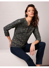 Langarmshirt CREATION L PREMIUM "Lyocell-Shirt", Damen, Gr. 46, bunt (khaki, marine, bedruckt), 96% Lyocell, 4% Elasthan, bedruckt, gebl&uuml;mt, gemustert, mehrfarbig, Rundhals, Shirts Langarmshirt