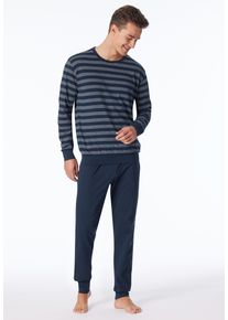 Schlafanzug uncover by Schiesser, Herren, Gr. 52, 804, blau, Single Jersey, Obermaterial: 100% Baumwolle, bequem lang, Rundhals, Homewear-Sets Schlafanzug, Rundhalsausschnitt, Langarm, Single Jersey, feine Blockstreifen