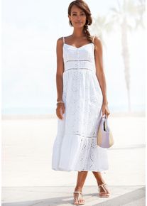 Midikleid Buffalo, Damen, Gr. 48, N-Gr, wei&szlig;, Web, Obermaterial: 100% Baumwolle. Futter: 100% Baumwolle, unifarben, figurbetont ca. Mitte Wade, V-Ausschnitt, Kleider Midikleid, mit hochwertiger Lochstickerei, luftiges Sommerkleid aus Baumwolle, Topseller