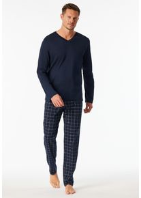 Pyjama Schiesser "Fine Interlock", Herren, Gr. 64, blau (804, blau), Interlock, Obermaterial: 100% Baumwolle, bequem lang, V-Ausschnitt, Homewear-Sets Pyjama, Oberteil in Uni, karierte Hose, V-Neck, Langarm, Baumwolle