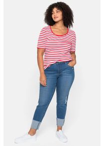 Kurzarmshirt sheego "T-Shirt", Damen, Gr. 48, rot (mohnrot, wei&szlig;), 100% Baumwolle, gemustert, gestreift, mehrfarbig, Rundhals, Shirts Kurzarmshirt