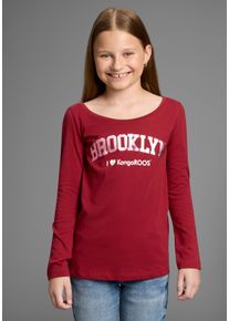 Langarmshirt Kangaroos "Shirt mit BROOKLYN Print", M&auml;dchen, Gr. 152/158, rot (bordeaux), Jersey, Obermaterial: 100% Baumwolle, bedruckt, Basic h&uuml;ftlang, tiefer Rundhals, Shirts Langarmshirt, Trendiger Frontprint, U-Boot Ausschnitt