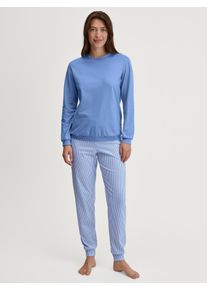 Schlafanzug Calida "Lovely Nights", Damen, Gr. S (40/42), blau (hydrangea blau), Single Jersey, Obermaterial: 100% Baumwolle, gestreift, bequem lang, Rundhals, angesetztes B&uuml;ndchen, Homewear-Sets Schlafanzug, Oberteil uni, Hose gestreift, Rundhalsausschnitt, weich, Langarm, Topseller