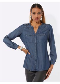 CR&Eacute;ATION L Langarmbluse CREATION L, Damen, Gr. 44, blau, bleached, 100% Lyocell, unifarben, V-Ausschnitt, Blusen Langarmbluse