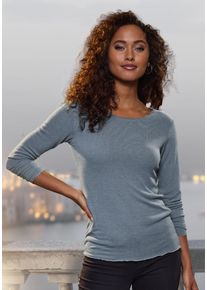 Langarmshirt Lascana "mit feiner Glitzereinfassung", Damen, Gr. 40/42, blau (hellblau), Feinstrick, Obermaterial: 62% Polyester (REPREVE), 34% Viskose, 4% Elasthan, Glanzfaden, unifarben, bequem, tiefer Rundhals, Shirts Langarmshirt, aus weichem Viskose-Feinstrick, Topseller