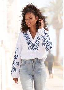 Langarmbluse Lascana, Damen, Gr. 46, wei&szlig; (wei&szlig;, blau), Web, Obermaterial: 58% Viskose, 28% Baumwolle, 14% Leinen, bestickt, unifarben, figurumspielend h&uuml;ftlang, V-Ausschnitt, mit innenliegendem Gummizug, Blusen Langarmbluse, mit aufwendiger Stickerei, Damenbluse, Tunika, Topseller