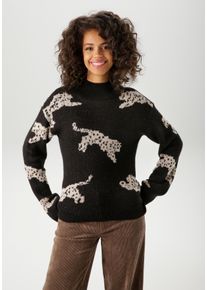 Strickpullover Aniston CASUAL, Damen, Gr. 40, schwarz-wei&szlig; (schwarz, beige), Strick, Obermaterial: 100% Polyacryl, Jacquardmuster, l&auml;ssig geschnitten h&uuml;ftlang, Strickkante, Pullover Strickpullover, mit eingestrickten Leoparden