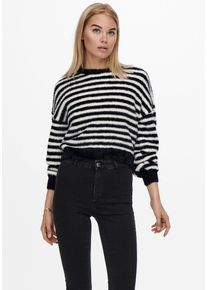 Rundhalspullover Only "ONLPIUMO L/S PULLOVER KNT", Damen, Gr. XS, schwarz (schwarz with egret stripes), Strick, Obermaterial: 70% Nylon, 30% Polyamid, geringelt, gestreift, kurz, Rundhals, weit Rippstrickb&uuml;ndchen, Pullover Rundhalspullover