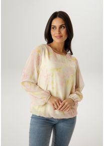 Schlupfbluse Aniston SELECTED, Damen, Gr. 44, bunt (gelb, ocker, hellgr&uuml;n, hellrosa), Web, Obermaterial: 100% Polyester. Futter: 95% Viskose, 5% Elasthan, bedruckt, gebl&uuml;mt, gemustert, figurumspielend h&uuml;ftbedeckend, Rundhals, mit Gummizug, Blusen Schlupfbluse, mit modischen und frischen Batiklook - NEUE KOLLEKTION, Topseller