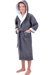 Kinderbademantel Egeria "Calypso" Gr. 140, grau (dunkelgrau), L:100cm, Walkfrottee, Hausm&auml;ntel, Kinderbademantel, mit Kapuze, Doubleface Optik, 100 % Baumwolle