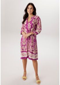 Blusenkleid Aniston SELECTED, Damen, Gr. 44, N-Gr, pink, beige, sanftes wei&szlig;, Web, Obermaterial: 100% Viskose, bedruckt, gebl&uuml;mt, gemustert, l&auml;ssig geschnitten knieumspielend, V-Ausschnitt, 1-Knopf-Manschette, Kleider Blusenkleid, mit ornamentaler Bl&uuml;ten- und Bl&auml;ttermusterung - NEUE KOLLEKTION, Topseller