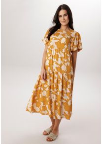 Sommerkleid Aniston SELECTED, Damen, Gr. 38, N-Gr, ockergelb, zimt, beige, Web, Obermaterial: 100% Viskose, bedruckt, gebl&uuml;mt, gemustert, figurumspielend, Rundhals, Volant, Kleider Sommerkleid, mit fantasievollem Druck in Sommerfarben - NEUE KOLLEKTION