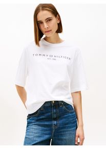 Langarmshirt Tommy Hilfiger "CORP LOGO TRAPEZE C-NK TEE", Damen, Gr. XXL (44), th optic wei&szlig;, Single Jersey, Obermaterial: 100% Baumwolle, bedruckt, regular fit, Rundhals, Shirts Langarmshirt