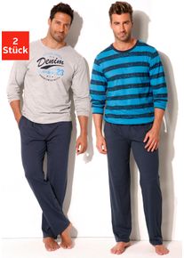 H.I.S. Pyjama H.I.S, Damen, Gr. 44/46 (S), blau (marine, grau, meliert, marine, aquablau), Jersey, Obermaterial: 100% Baumwolle, bedruckt, gestreift, Basic, lang, Rundhals, abgesteppte Kante, Homewear-Sets Pyjama, Schlafanzug mit unterschiedlichem Design, Topseller