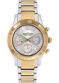 Chronograph Jacques Lemans "Venice", gold (silbergoldfarben, wei&szlig;), Armbanduhren, Damen, Chronograph, Armbanduhr, Damenuhr, Edelstahlarmband, Stoppfunktion, Datum, Perlmutt