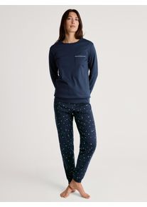 Schlafanzug Calida "Sweet Dreams", Damen, Gr. M (44/46), blau (peacoat blau), Interlock, Obermaterial: 100% Baumwolle, bequem lang, Rundhals, angesetztes B&uuml;ndchen, Homewear-Sets Schlafanzug, Langarm, Rundhals, Interlock-Qualit&auml;t, weich, bequem