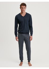 Schlafanzug Calida "Relax Streamline", Damen, Gr. L (52/54), blau (saphir blau), Interlock, Obermaterial: 100% Baumwolle, normal lang, V-Ausschnitt, Rippb&uuml;ndchen, Homewear-Sets Schlafanzug, mit V-Neck und B&uuml;ndchen