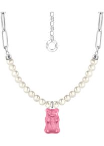 Kette mit Anh&auml;nger Thomas Sabo "Thomas Sabo x HARIBO Schmuck: Gliedercollier mit Goldb&auml;r" Gr. 45, wei&szlig; (silberfarben, pink, wei&szlig;), Halsketten, Damen, 45, Perlen Silber 925 (recycelt), Perlen, Silber 925 (recycelt), Kette mit Anh&auml;nger, mit Kristallglas - mit S&uuml;&szlig;wasserzuchtperle
