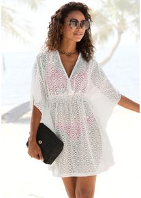 Longbluse Lascana, Damen, Gr. 46, wei&szlig;, Spitze, Obermaterial: 95% Polyester, 5% Elasthan, transparent, unifarben, figurumspielend Po-bedeckend, tiefer V-Ausschnitt, Fledermaus&auml;rmel, Blusen Longbluse, aus Lochspitze, lockeres Blusenkleid, Tunika, Topseller