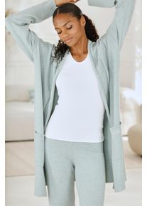 Longstrickjacke Lascana, Damen, Gr. 44/46, blau (mint), Feinstrick, Obermaterial: 50% Viskose (LENZING&trade; ECOVERO&trade;), 28% Polyester, 22% Polyamid, meliert, figurumspielend lang, normaler Saum, Strickjacken Longstrickjacke, mit aufgesetzte Taschen und Umlegekragen, Loungewear