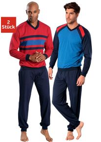Pyjama Le Jogger, Damen, Gr. 44/46, bunt (rot, marine, blau, marine), Jersey, Obermaterial: 100% Baumwolle, unifarben mit Farbeins&auml;tzen, Basic, bequem lang, V-Ausschnitt, angesetztes B&uuml;ndchen, Homewear-Sets Pyjama, in langer Form